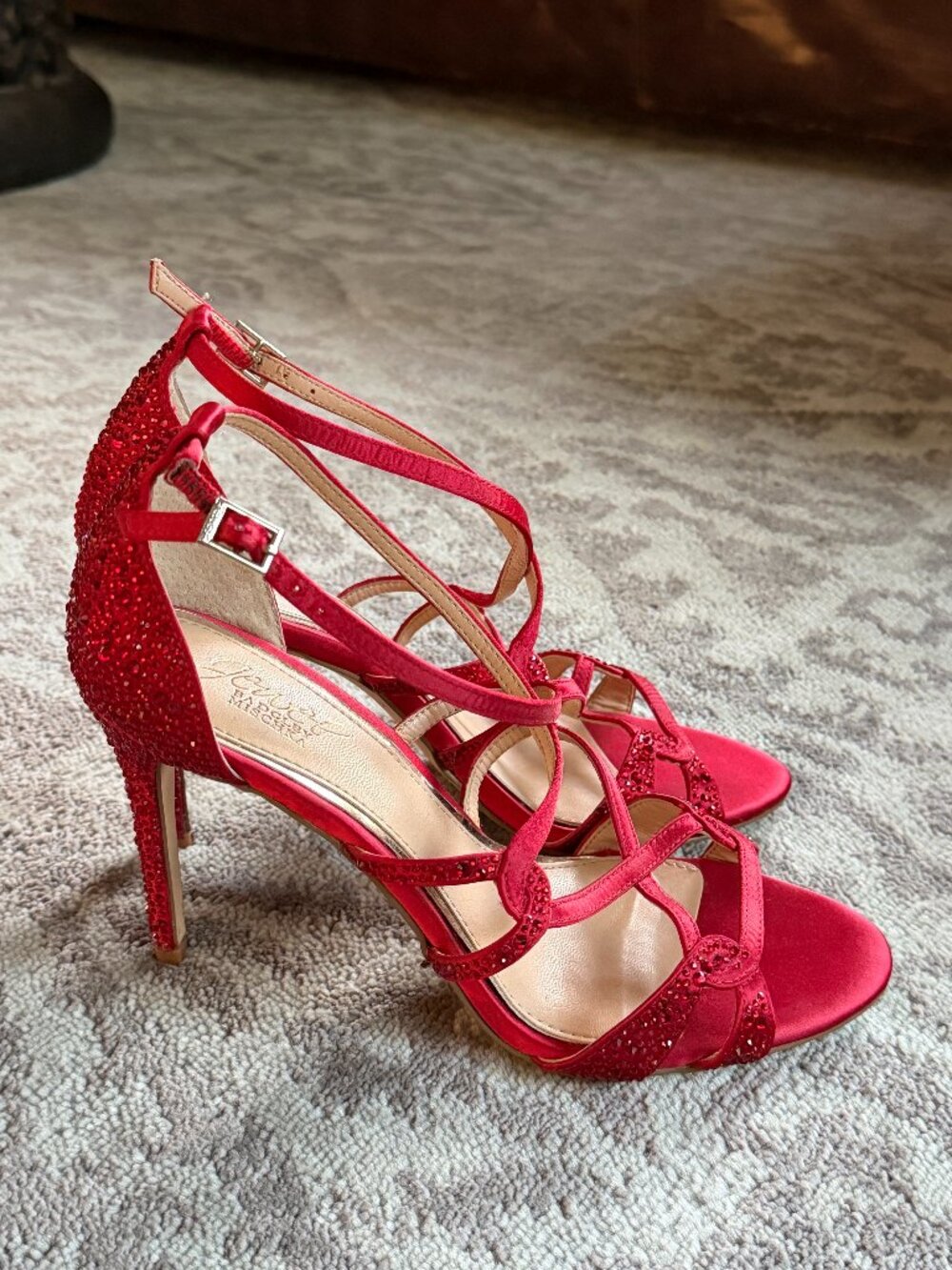 Jewel Badgley Mischka Red Rhinestone Strappy Heels, Size 8